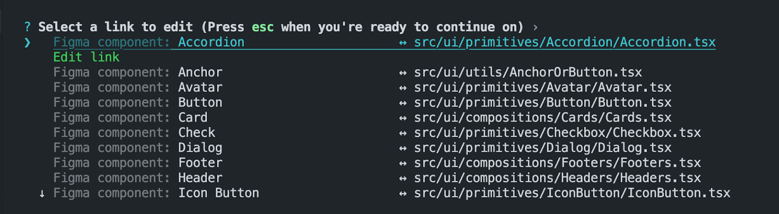 Example of using the terminal to edit component prop mappings