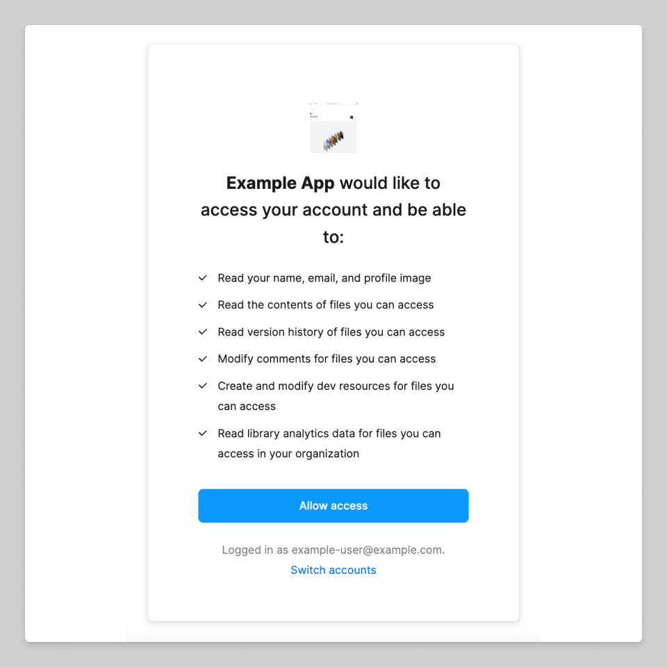 An OAuth app authorizon page that requests access to read email, file contents, and other scopes. A blue allow access button and a switch accounts link are at the bottom.