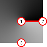 Angular gradient in a square. Where there is an anchor at the centre of the square and the gradient color changes as it circles around the anchor at the centre. The darkest and lightest parts of the gradient are adjacent. The first position is the anchor at the centre of the square, the second position is to the right of the first position, at the middle of the right edge of the square, the third position is below the first position, at the middle of the bottom edge of the square.
